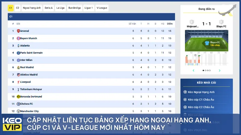 Bảng xếp hạng 3 Cập nhật liên tục bảng xếp hạng Ngoại Hạng Anh, Cúp C1 và V-League mới nhất hôm nay